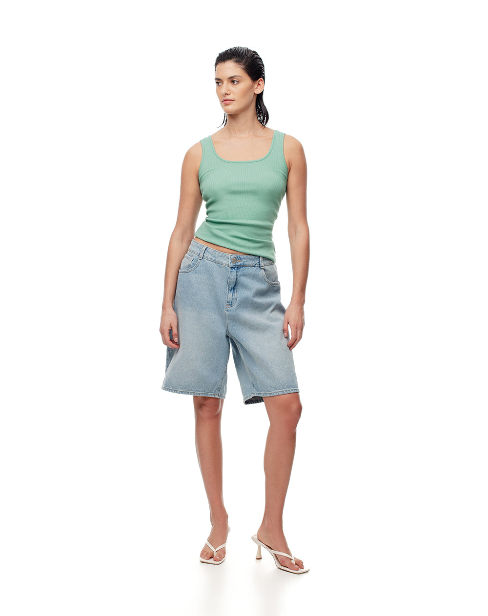 Camiseta slim sin mangas rib algodón verde mujer