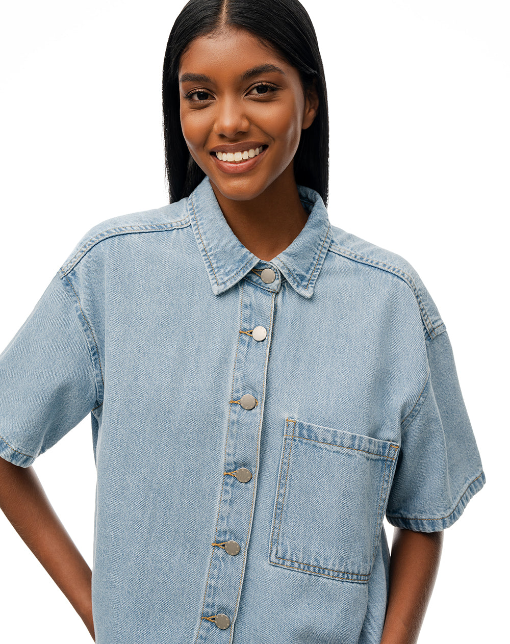 Camisa manga corta regular denim índigo medio mujer