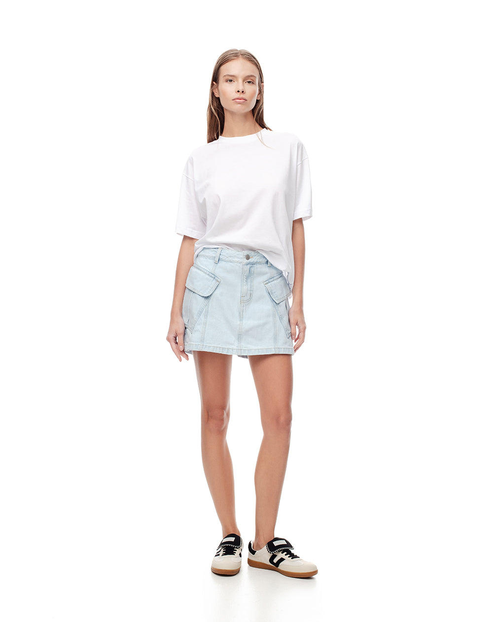Falda short tiro medio denim índigo claro mujer