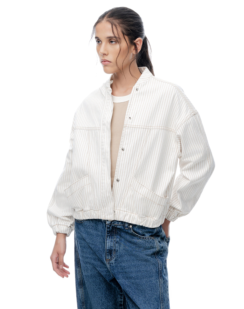 Chaqueta bomber oversized crudo rayas mujer