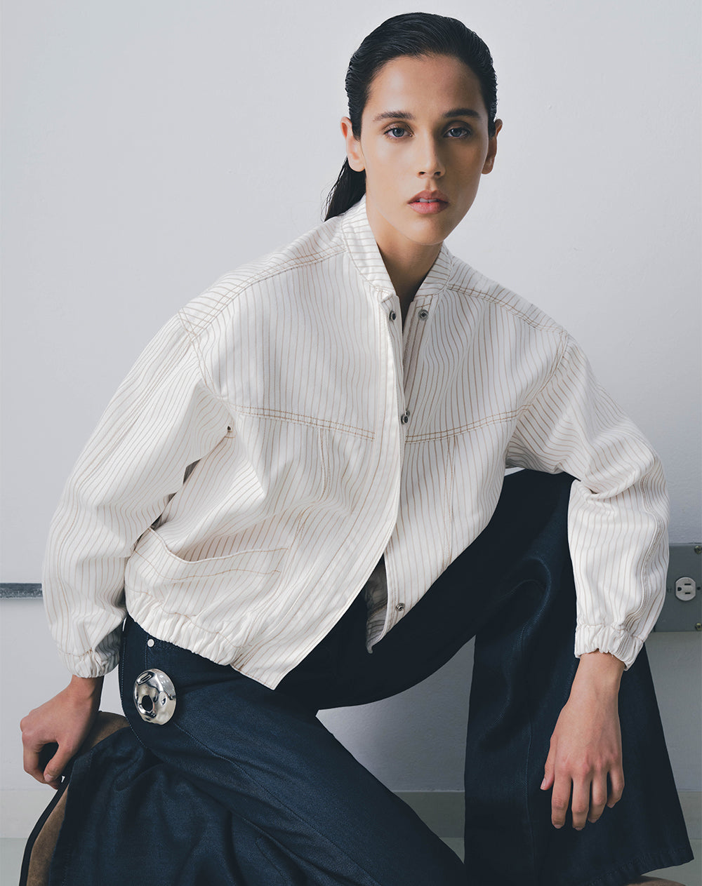 Chaqueta bomber oversized crudo rayas mujer