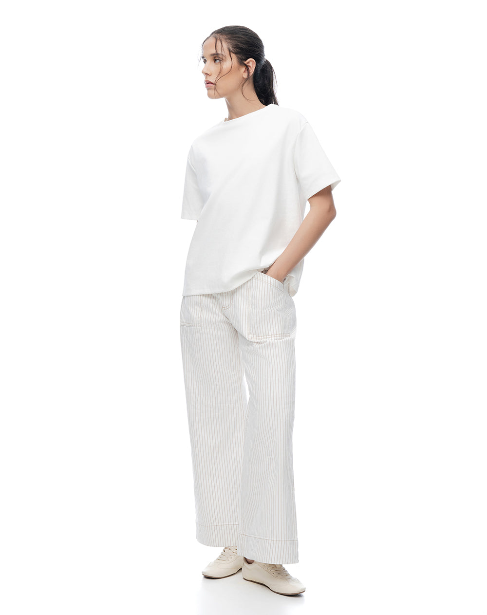 Jean flare tiro medio crudo rayas mujer