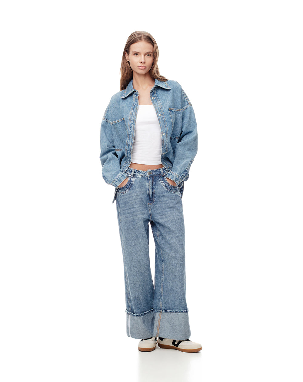 Jean wide leg tiro alto dobladillo 100% algodón índigo medio mujer