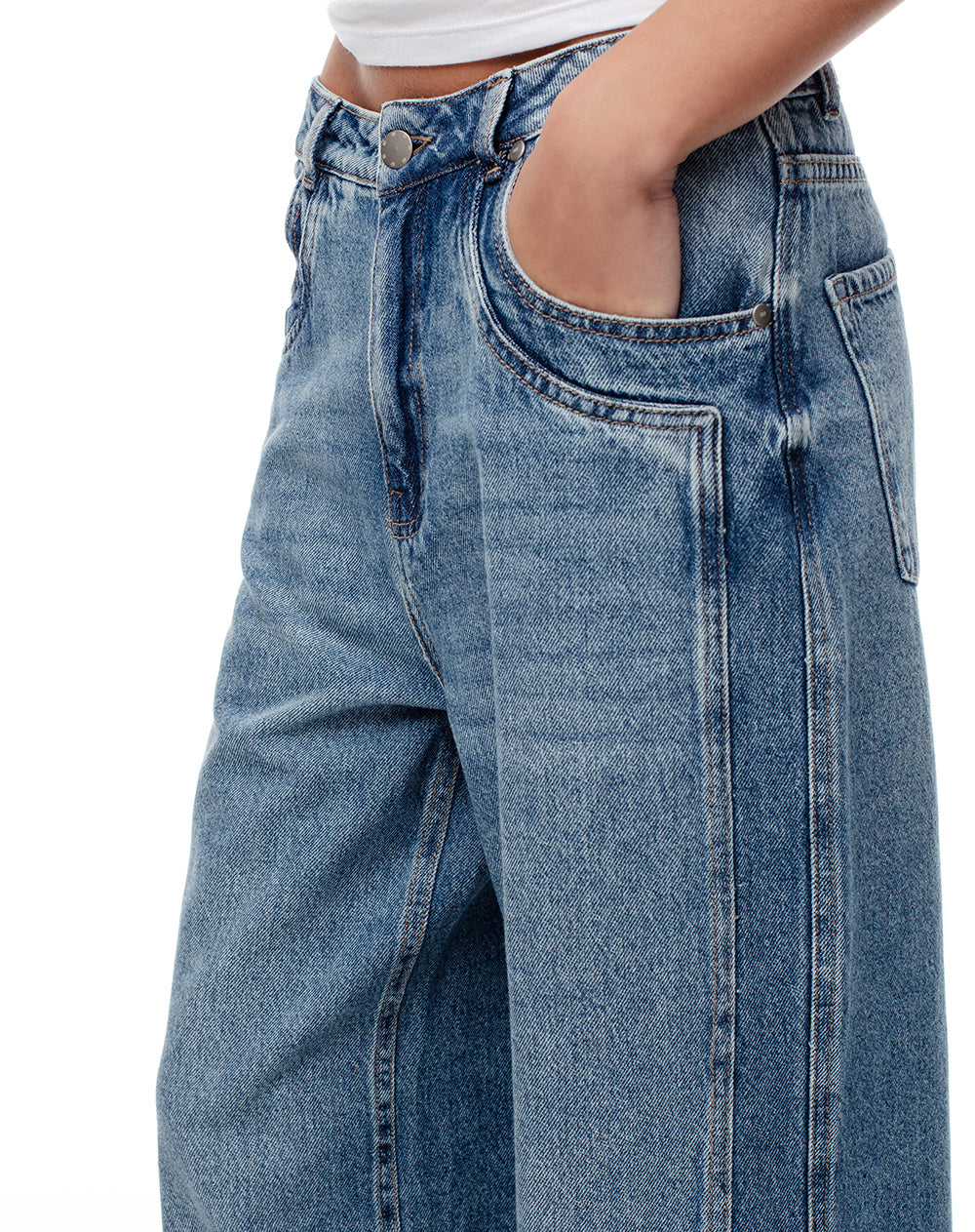 Jean wide leg tiro alto dobladillo 100% algodón índigo medio mujer