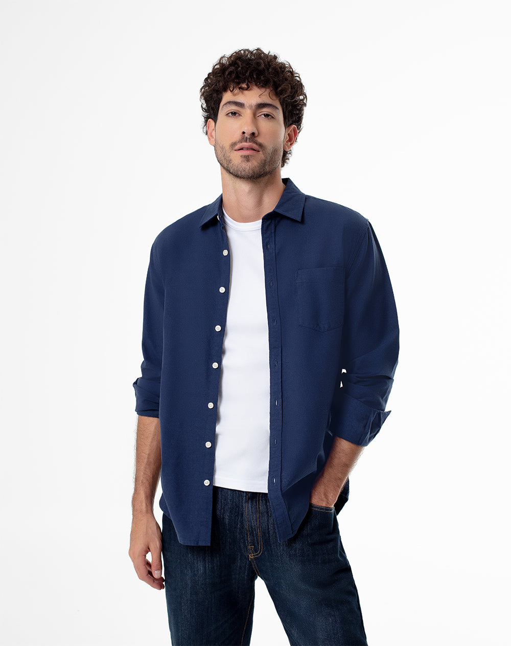 Camisa manga larga slim algodón azul hombre