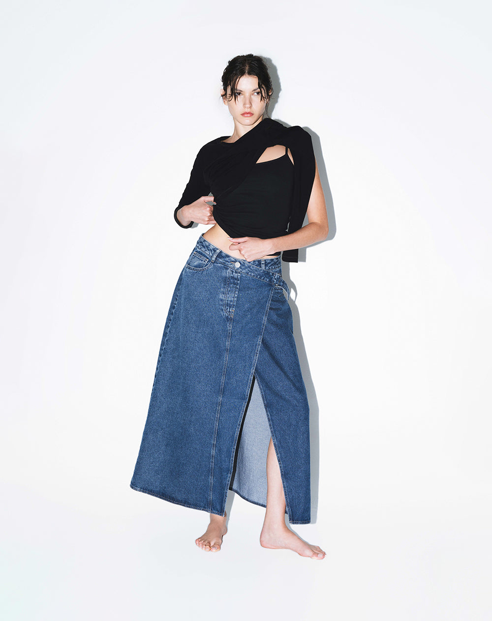 Falda larga tiro medio índigo mujer