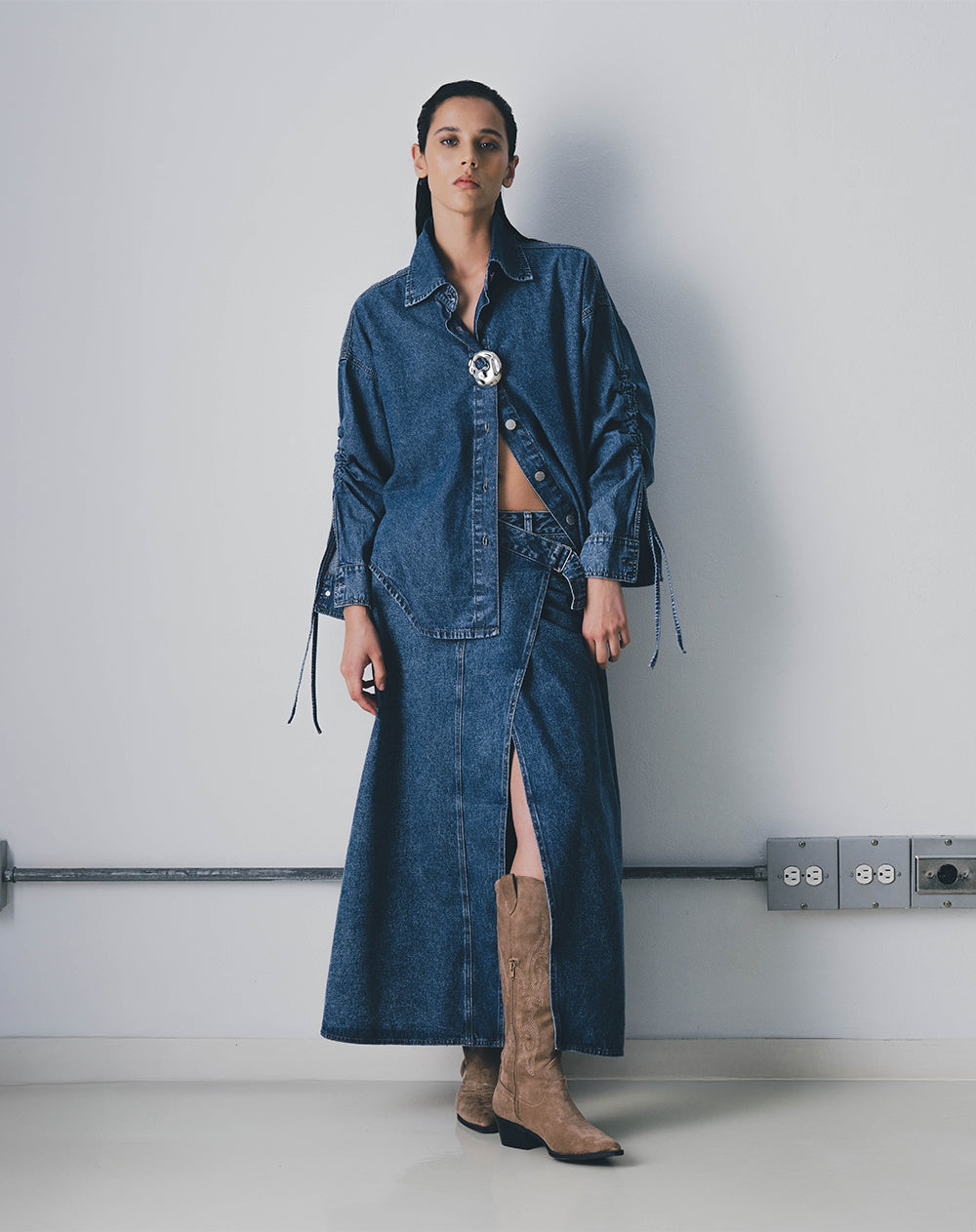 Falda larga tiro medio índigo mujer