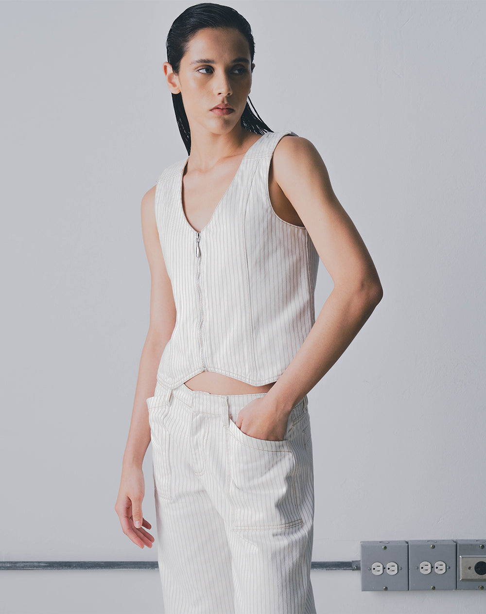 Chaleco denim crudo rayas mujer