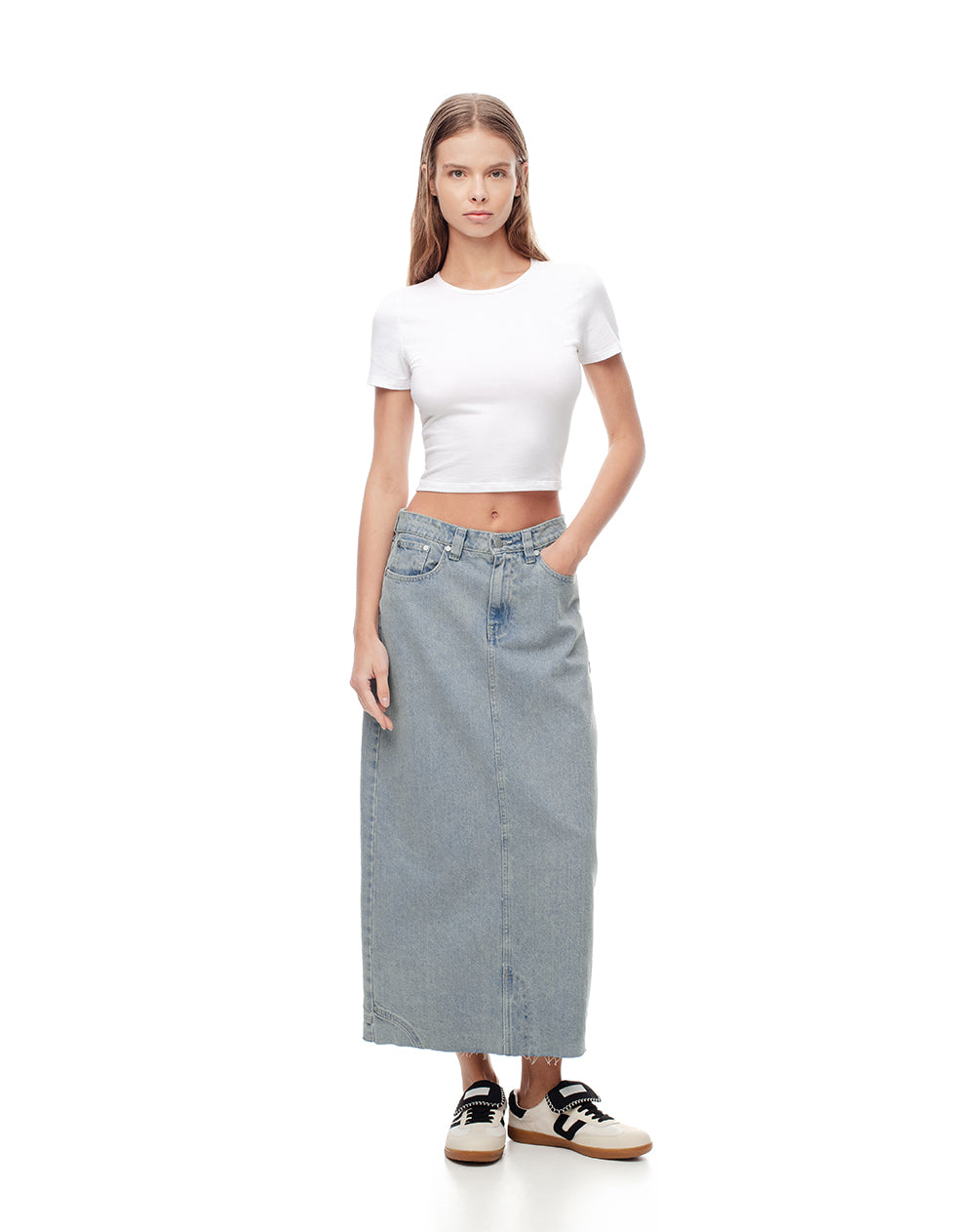 Falda midi tiro alto denim 5 bolsillos indigo medio para mujer