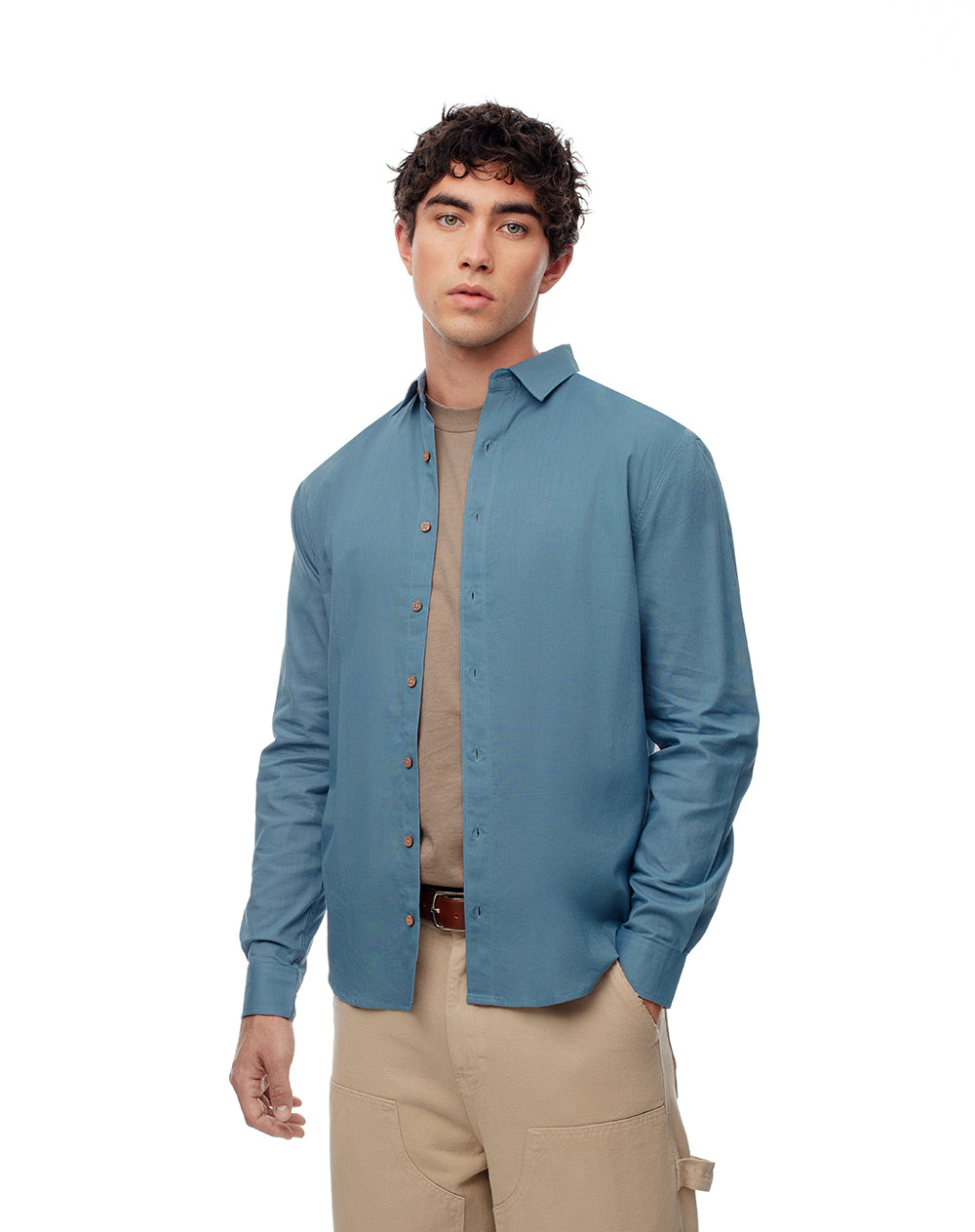 Camisa manga larga regular lino azul hombre