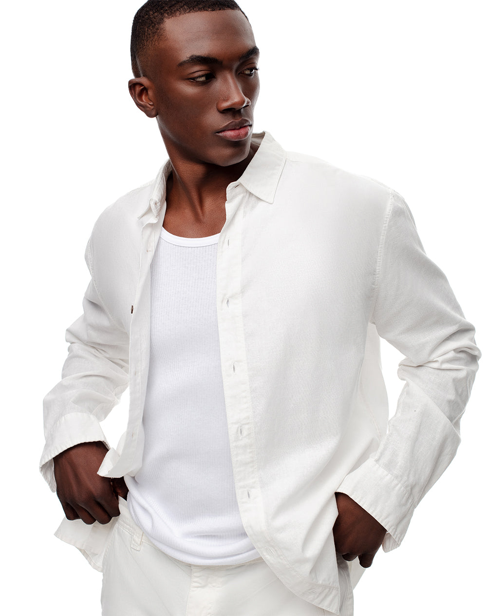 Camisa manga larga regular lino blanca hombre