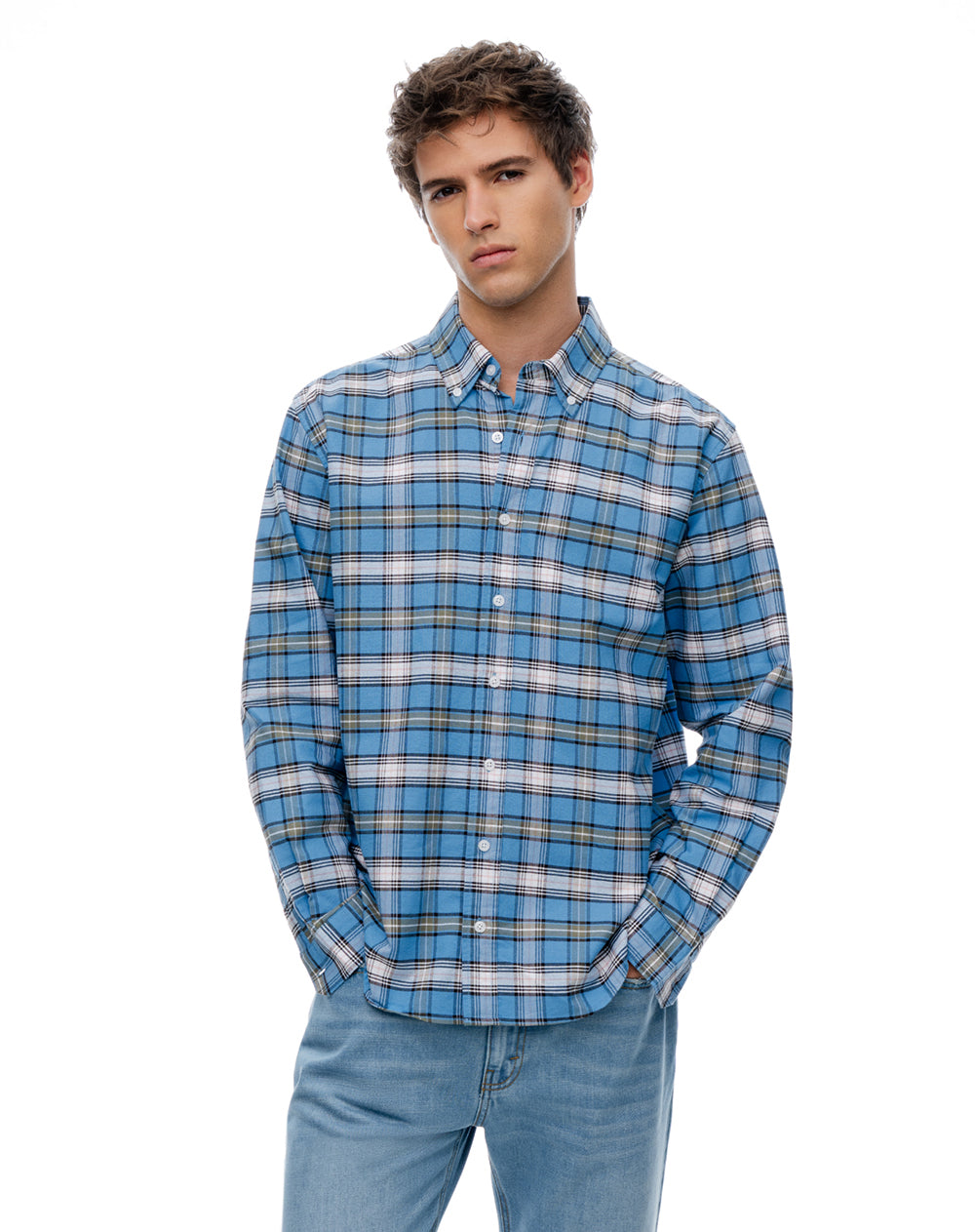 Camisa regular fit manga larga azul con cuadros
