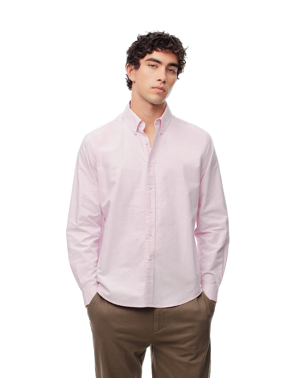 Camisa manga larga regular algodón rosa hombre