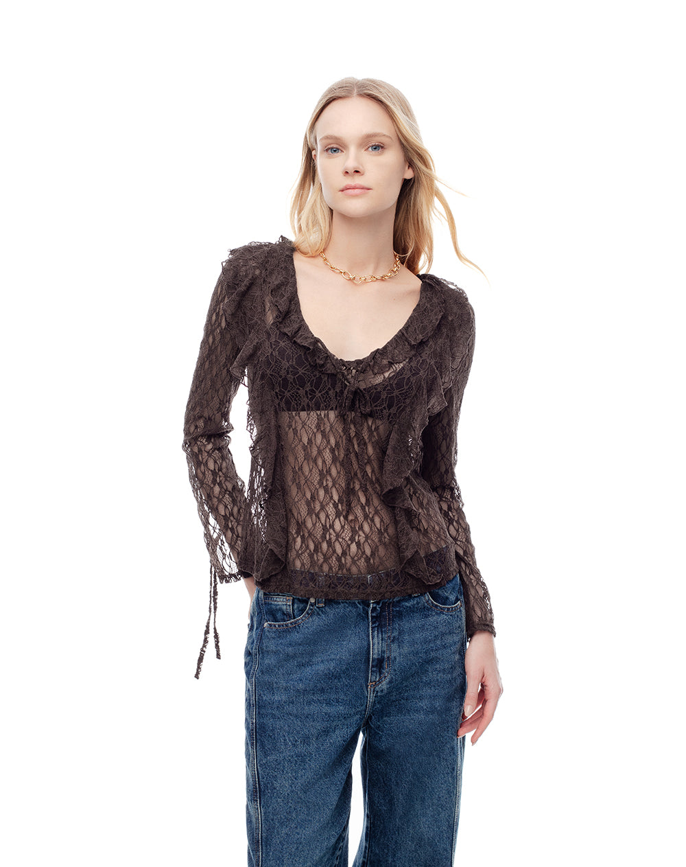 Blusa manga larga regular encaje chocolate mujer