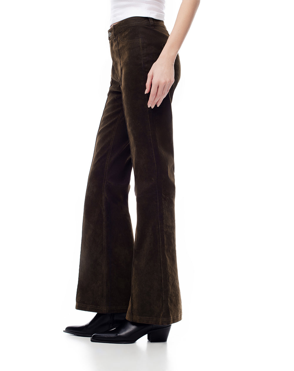 Jean flare tiro alto efecto gamuza café mujer