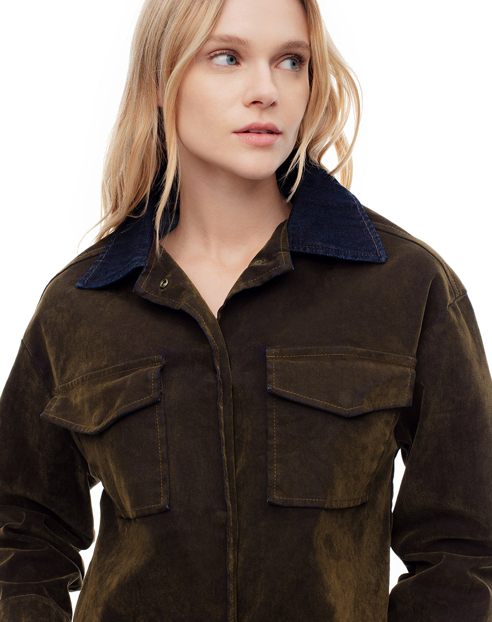 Chaqueta overshit efecto gamuza café mujer