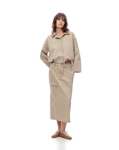 Falda midi tiro medio algodón caqui mujer