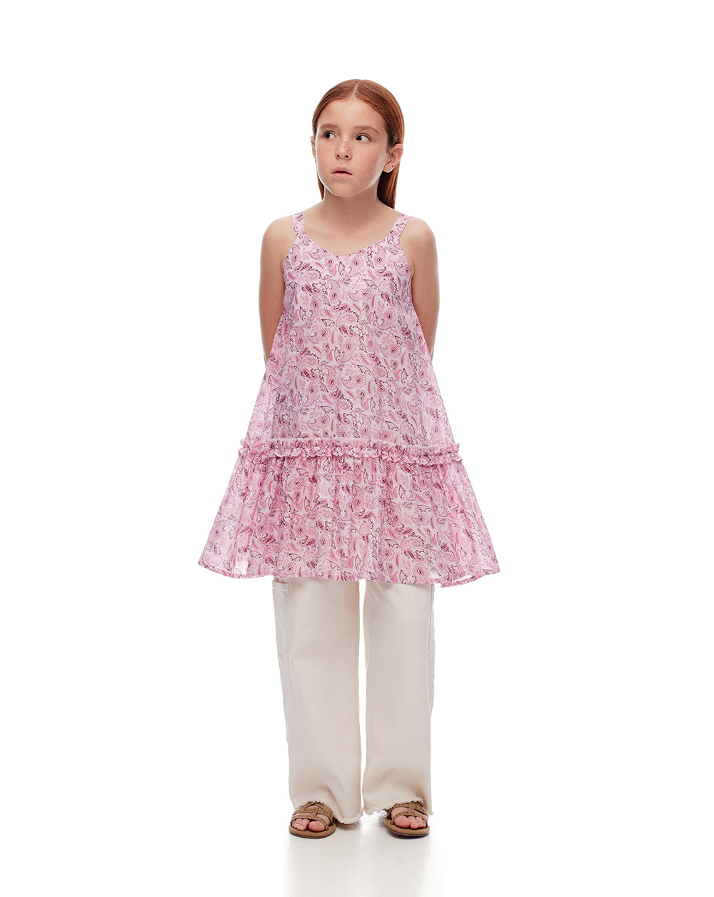 Vestido corto algodón rosado estampado niña