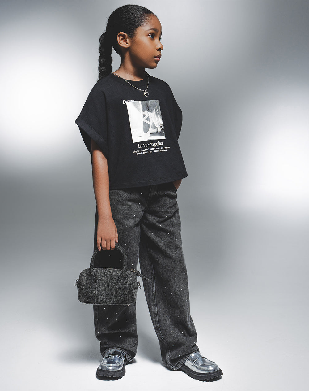 Jean wide leg tiro medio brillos 100% algodón gris niña