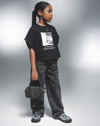 Jean wide leg tiro medio brillos 100% algodón gris niña