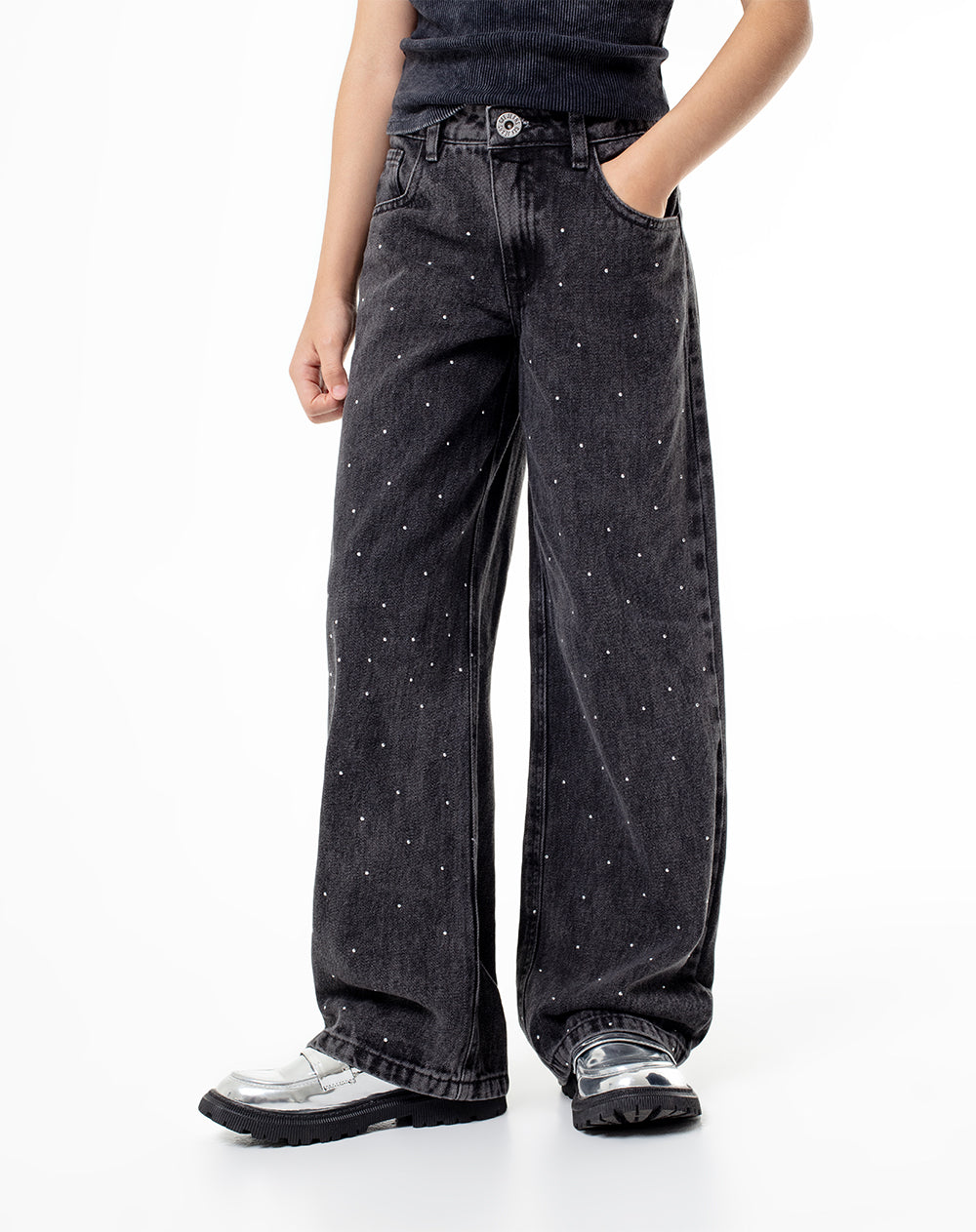 Jean wide leg tiro medio brillos 100% algodón gris niña