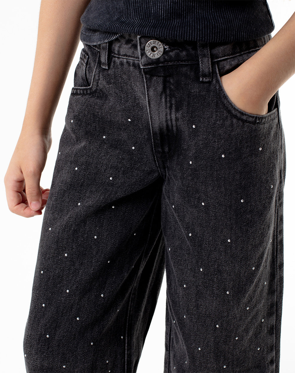 Jean wide leg tiro medio brillos 100% algodón gris niña