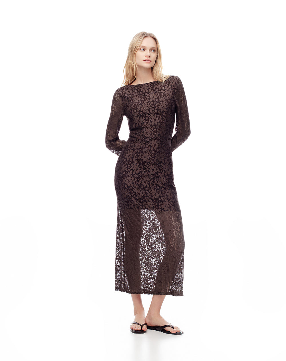 Vestido midi encaje chocolate mujer