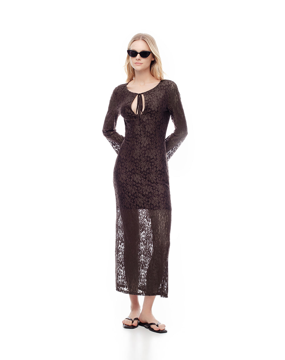 Vestido midi encaje chocolate mujer