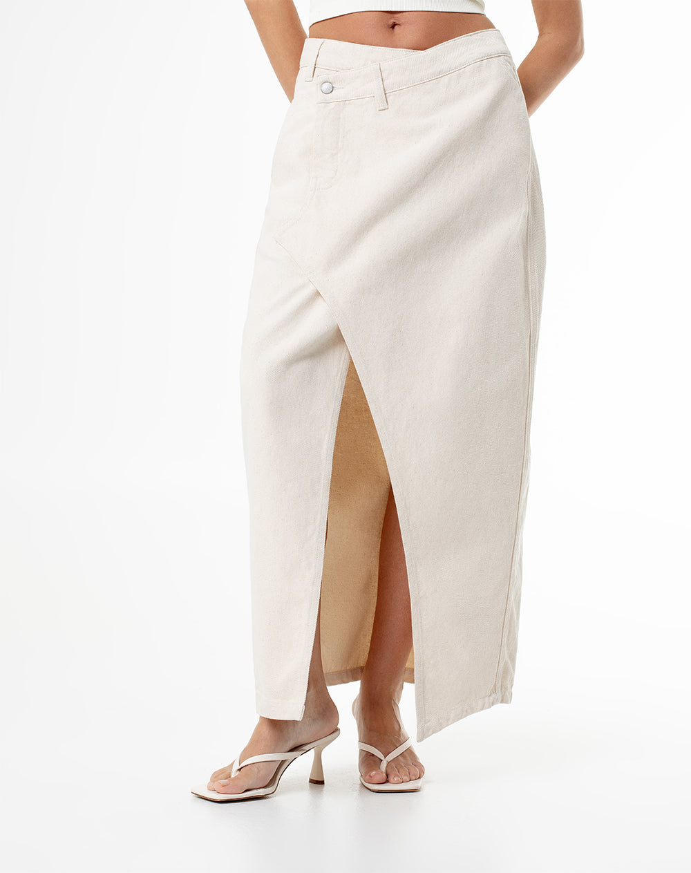 Falda midi tiro alto denim abertura frontal crudo para mujer