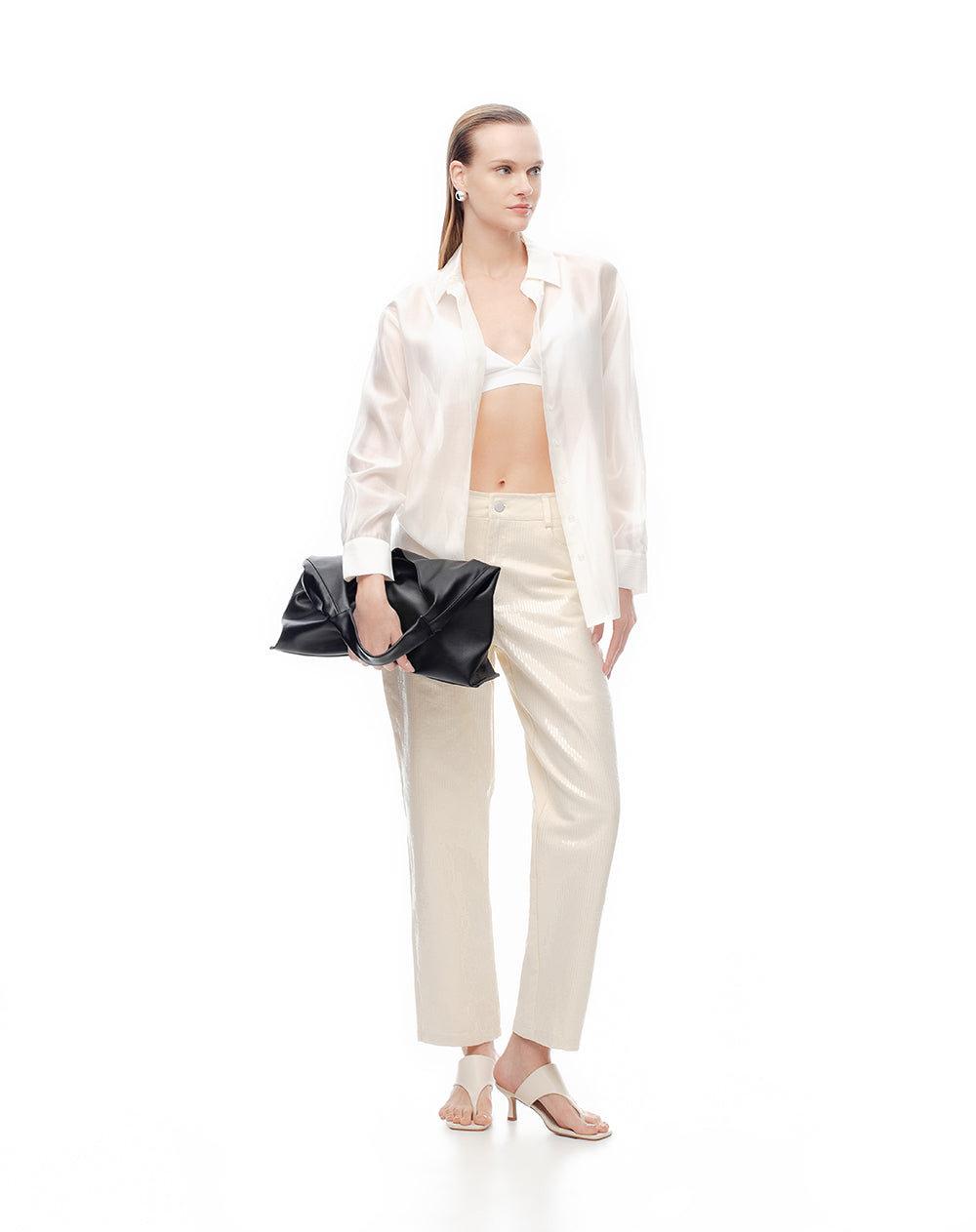 Jean recto tiro alto lentejuelas crudo mujer