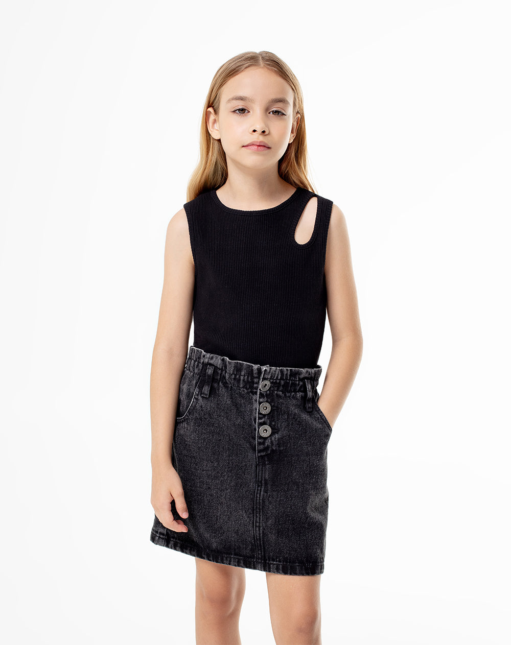Falda tiro alto denim gris niña