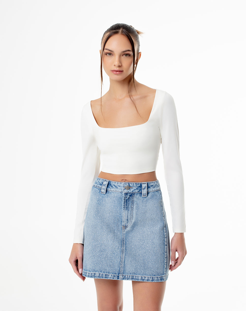 Falda tiro alto denim índigo medio mujer