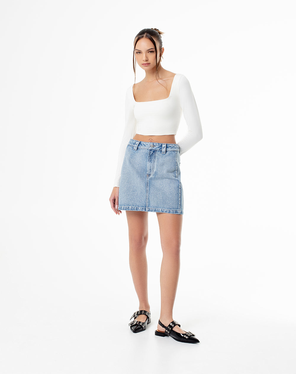 Falda tiro alto denim índigo medio mujer