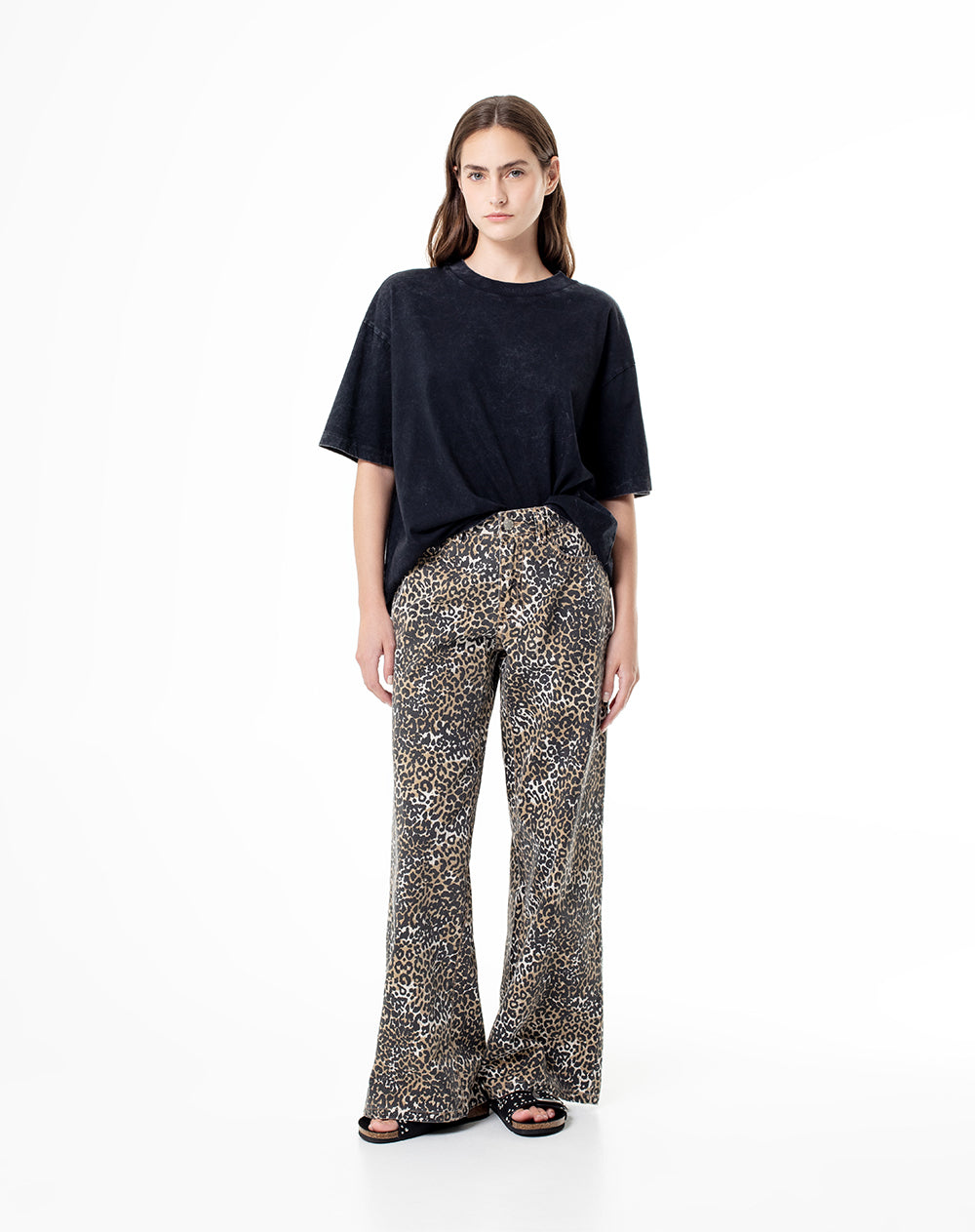 Pantalón wide leg tiro alto denim estampado mujer