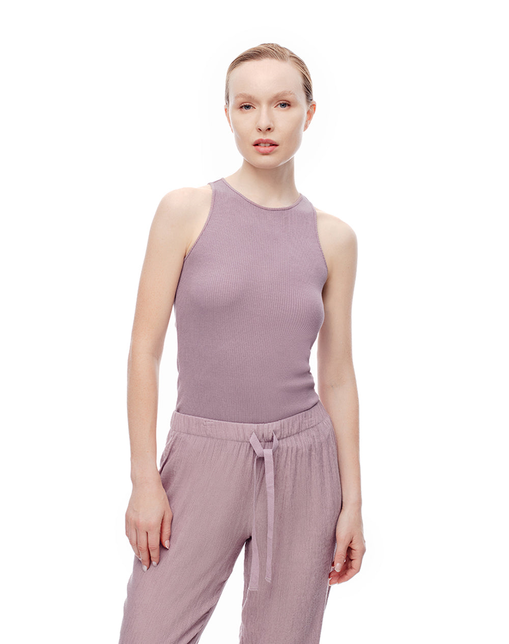 Camiseta esqueleto slim rib algodón lila mujer