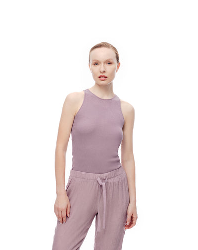 Camiseta esqueleto slim rib algodón lila mujer