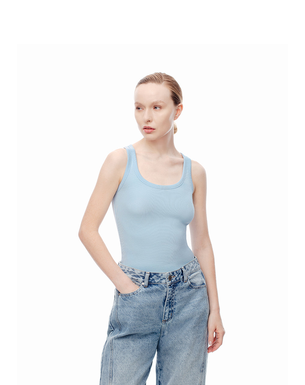 Camiseta slim sin mangas seamless azul mujer