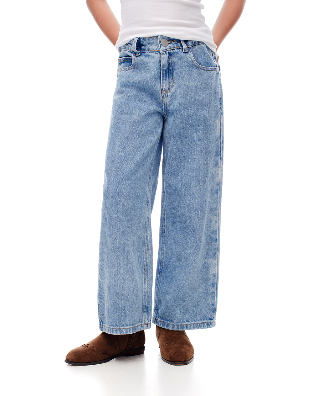 Jean loose tiro alto 100% algodón índigo medio niña