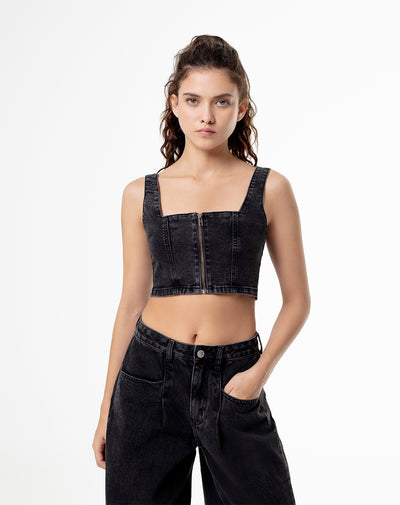 Crop top slim denim negro mujer