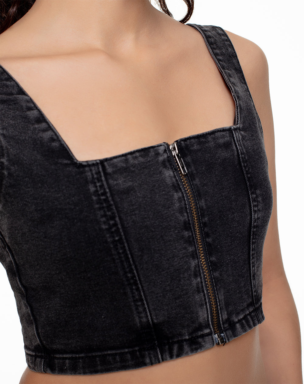 Crop top slim denim negro mujer