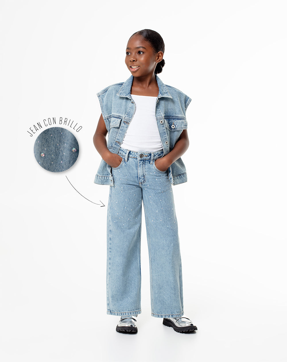 Jean wide leg tiro medio con brillo y elástico interno indigo claro para niña