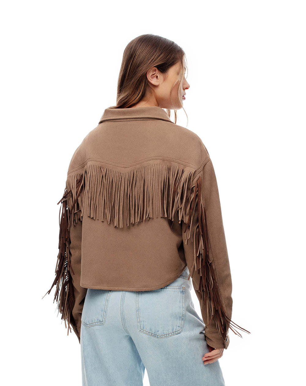 Chaqueta regular flecos tejido suede café mujer