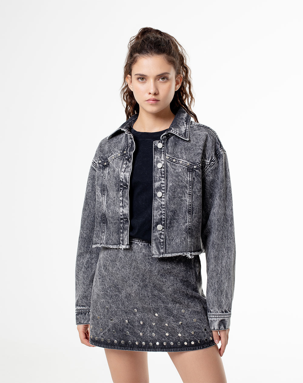 Mini falda tiro alto denim gris mujer