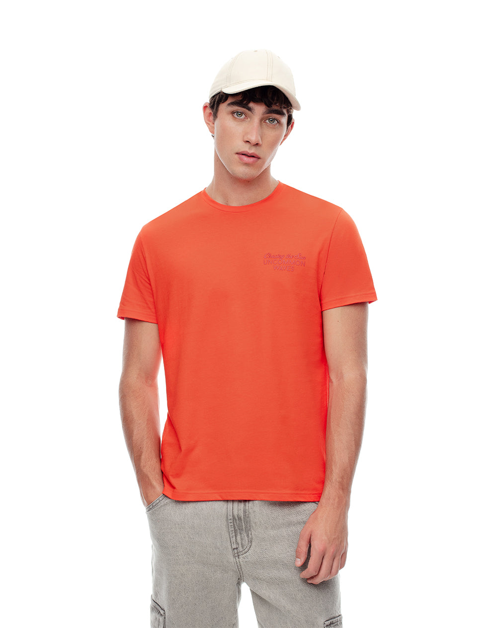 Camiseta regular algodón jersey naranja estampada hombre