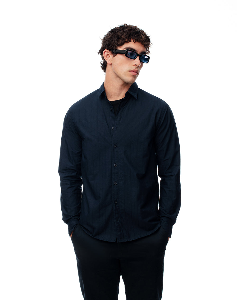 Camisa regular manga larga azul hombre