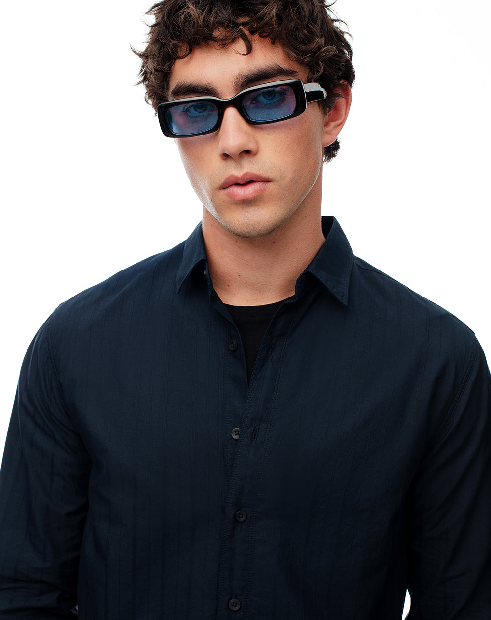 Camisa regular manga larga azul hombre