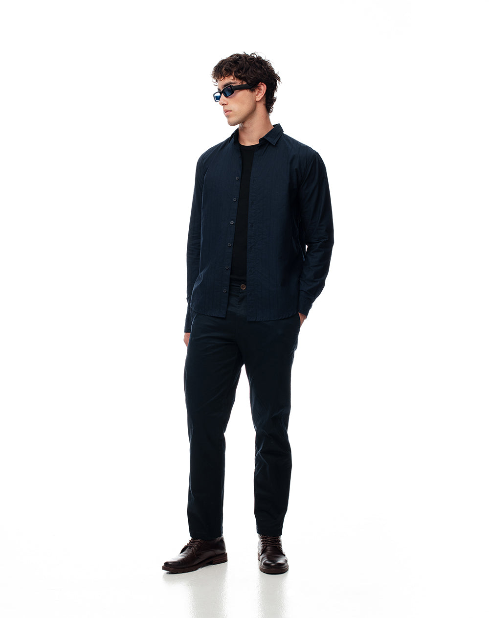 Camisa regular manga larga azul hombre