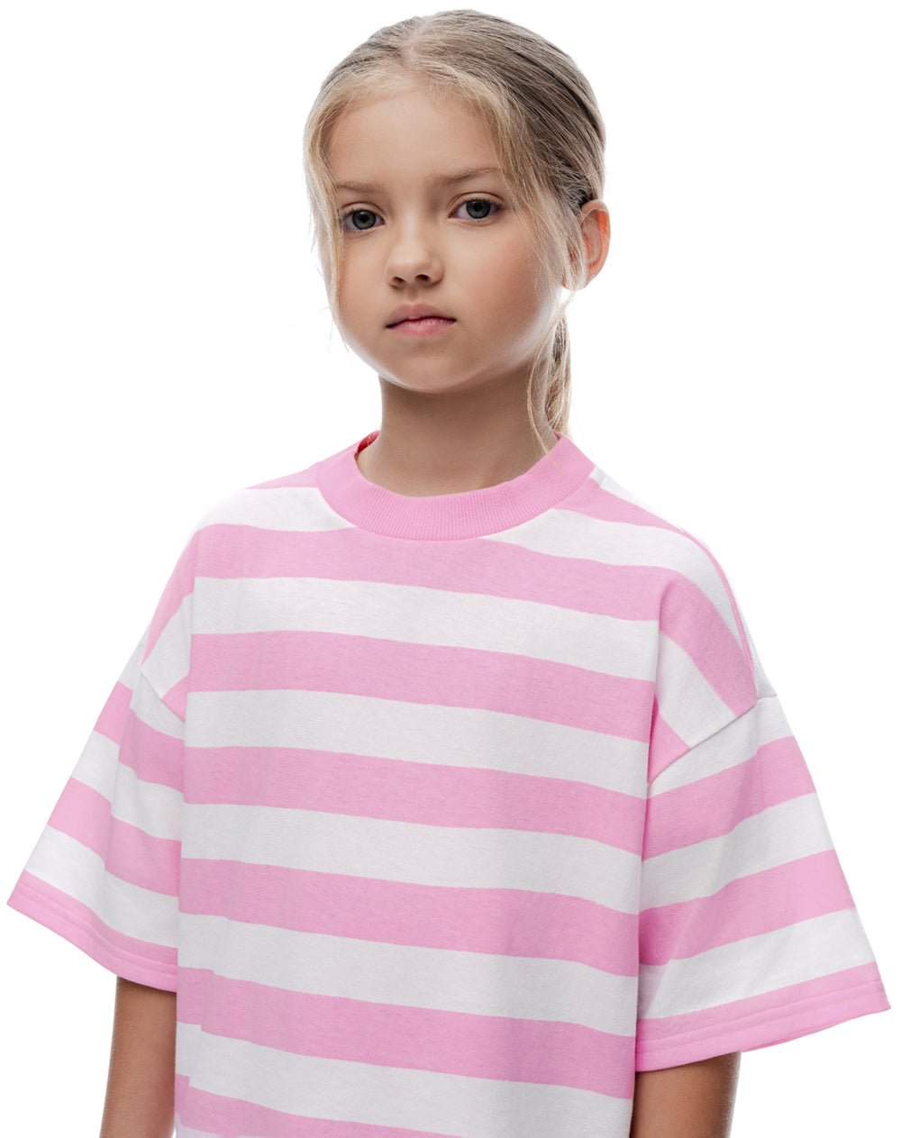 Camiseta relaxed manga corta rosada rayas niña
