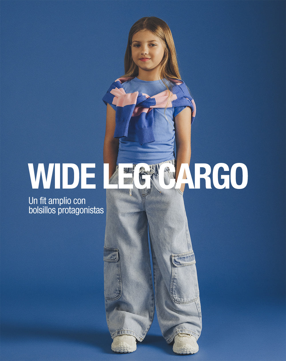 Jean cargo wide leg tiro alto índigo claro niña