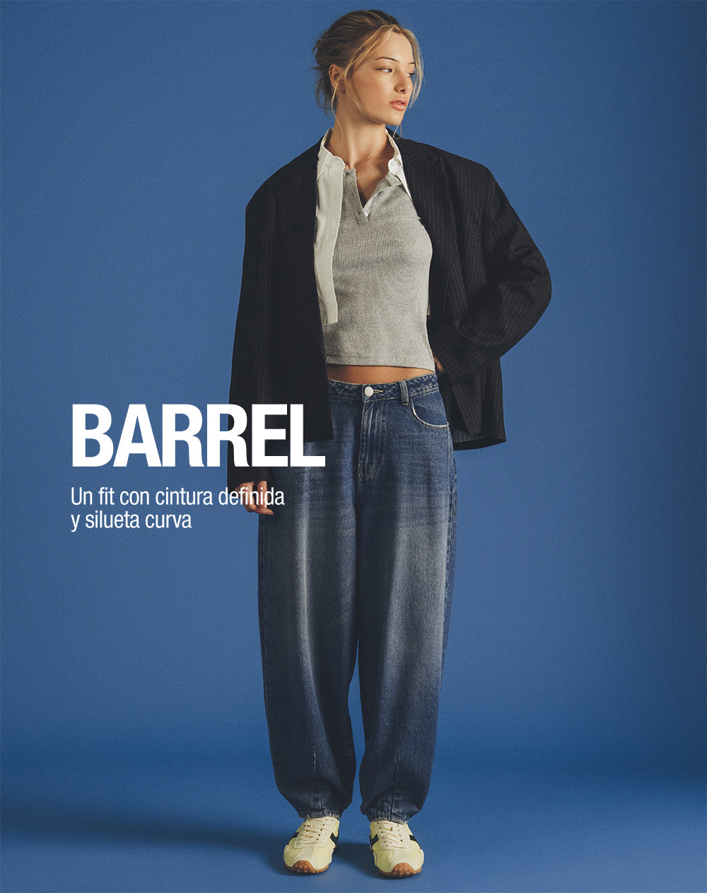 Jean barrel tiro medio índigo medio mujer